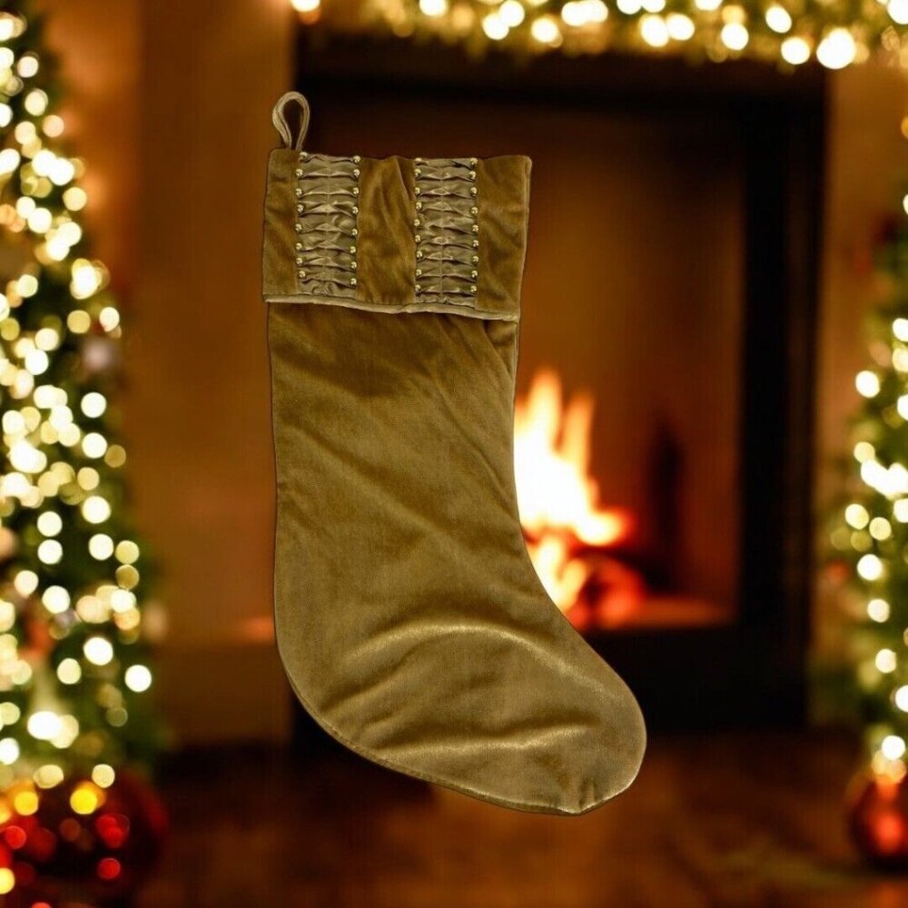 Elegant Santas Best Gold Velvet Beaded Christmas Stocking 21" Holiday